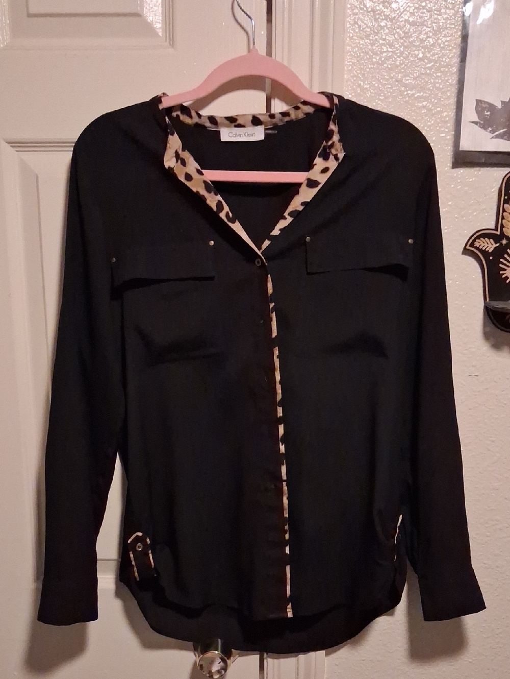 Calvin Klein Black Blouse with Leopard Trim